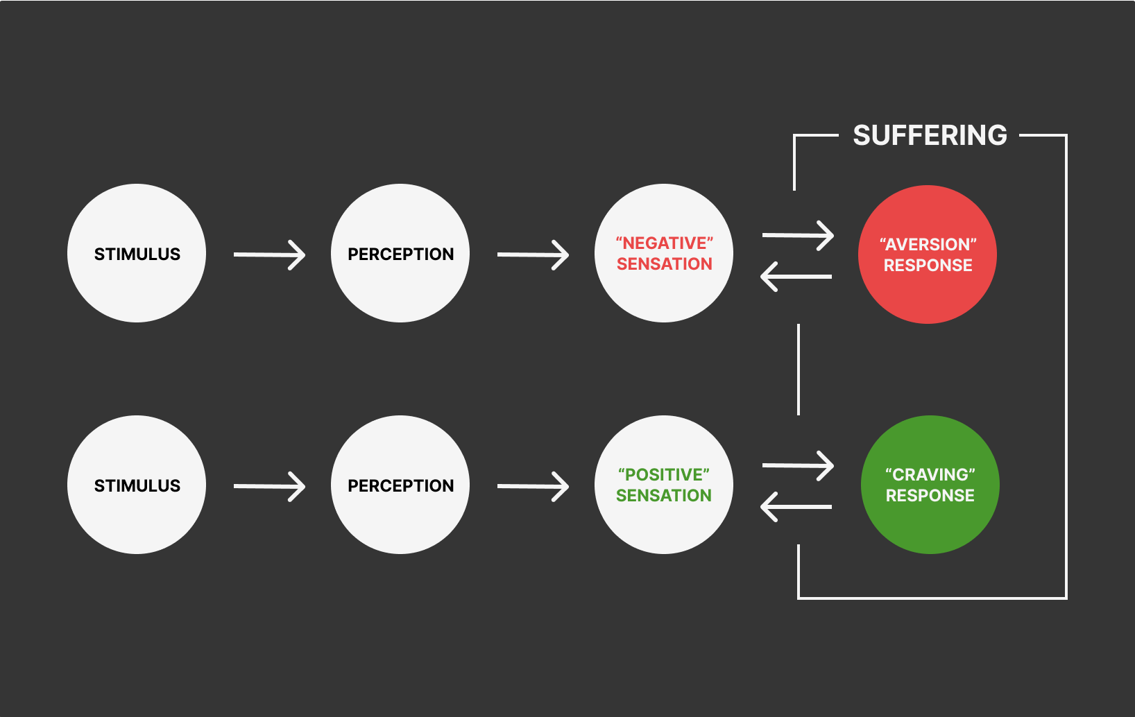 Infographic for Vipassana craving and aversion stimulus perception sensation response © 2023 Michael Saltzman