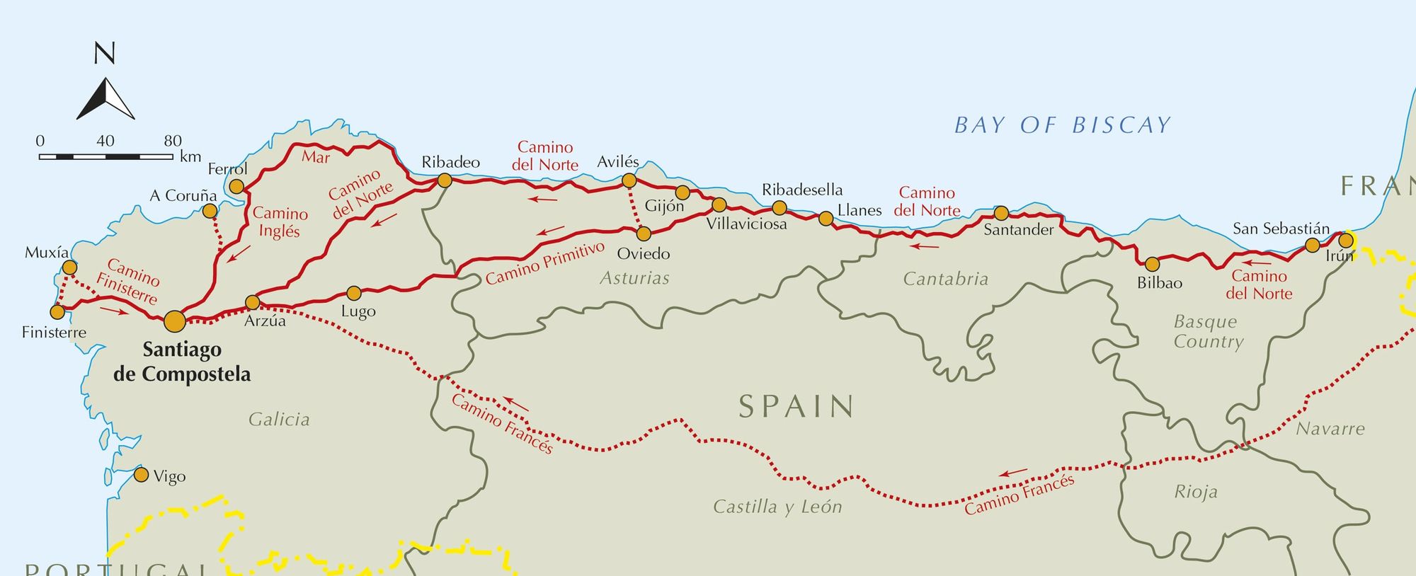 El Camino de Santiago del Norte Frances Primitivo Finisterre Ingles Compostela Basque Cantabria Asturias Galicia